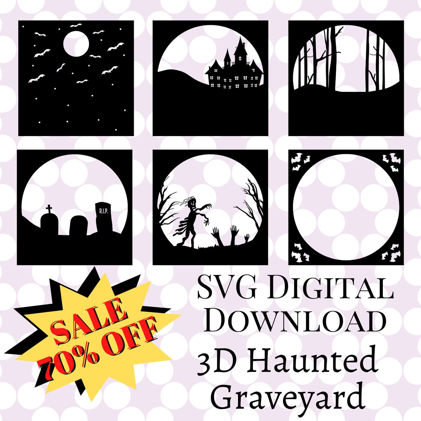 3D Zombie Halloween Paper Art Cricut Cut File Shadowbox Fun Graveyard and spooky mansion - Easy to assemble