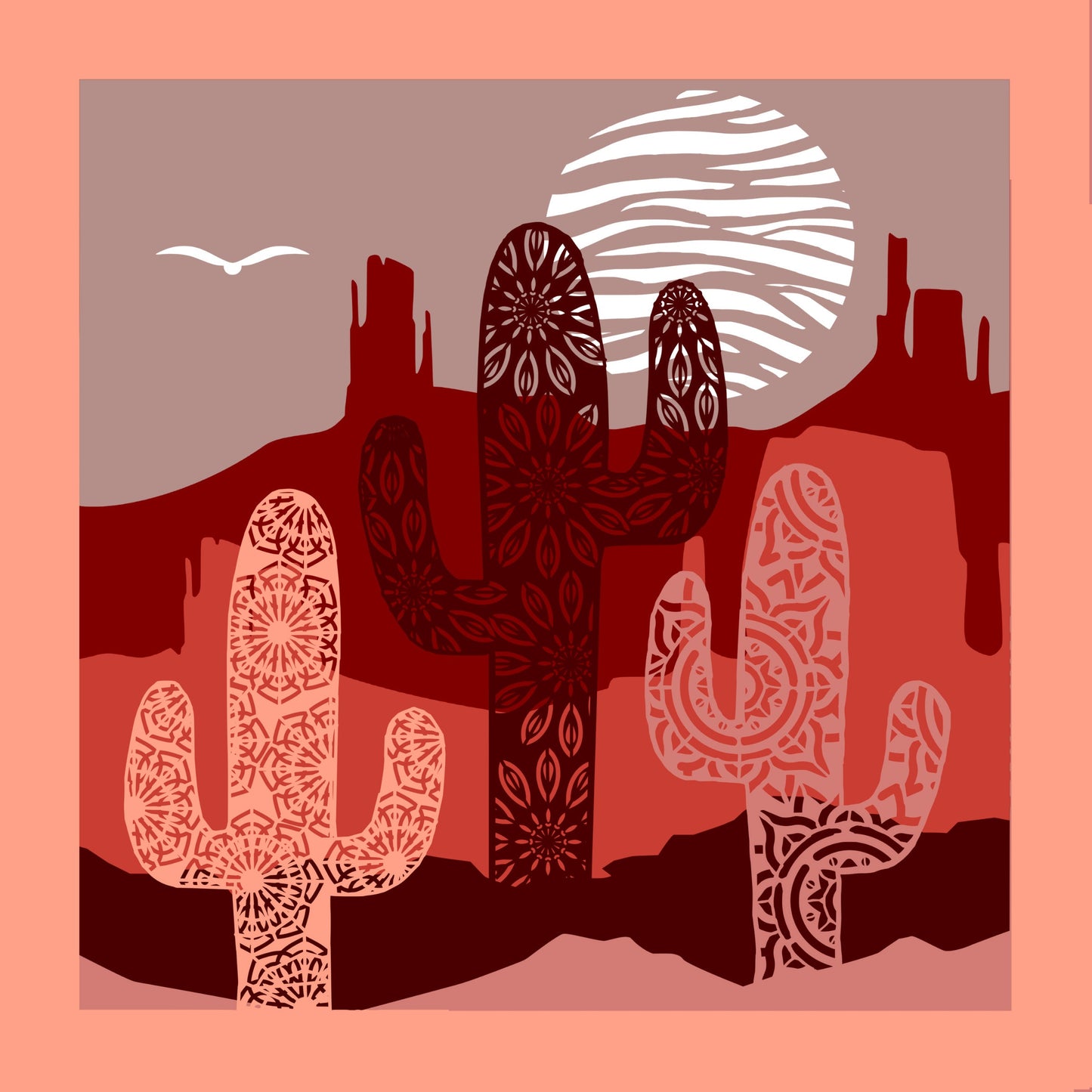 3D SVG | Southwest Wall Art Shadowbox | Saguaro Cactus Mandala Desert Design | Cactus Svg, Png, Eps, Dxf paper craft art project