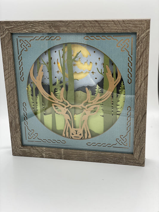 Lightbox 3D SVG Paper Art Project Shadowbox Wilderness Stag deer Celtic Border Gift for Him, Father, DIY Rustic Decor