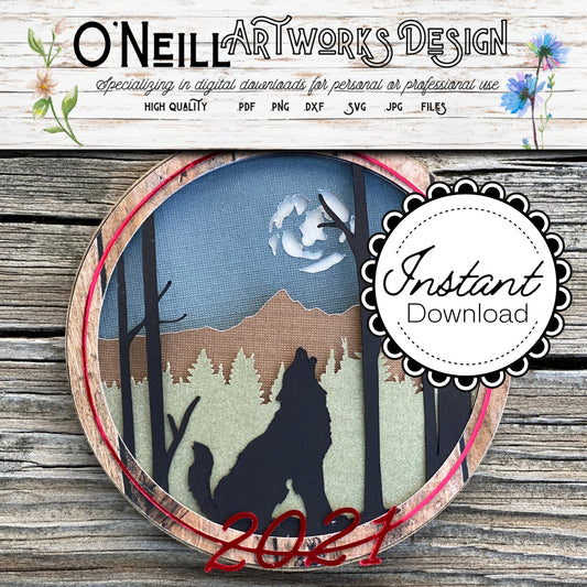 Wolf Wilderness Full Moon Ornament SVG, Layered Paper Art Medallion Cricut cut file easy DIY memorial PNG birch trees bird holiday gift