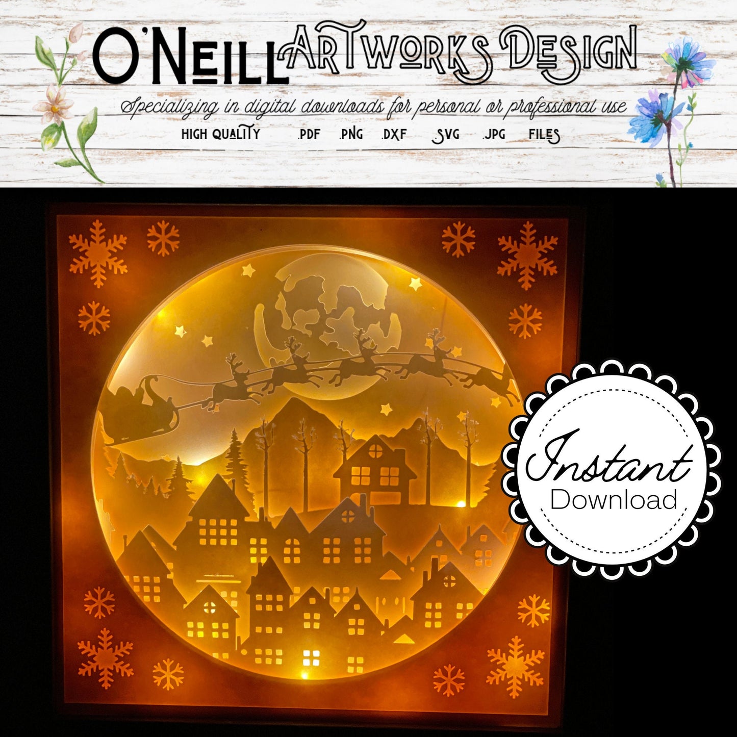 Santa Sleigh Shadowbox SVG cricut file easy lightbox beginner Christmas Holiday Decor fairy lights layered paper art digital download