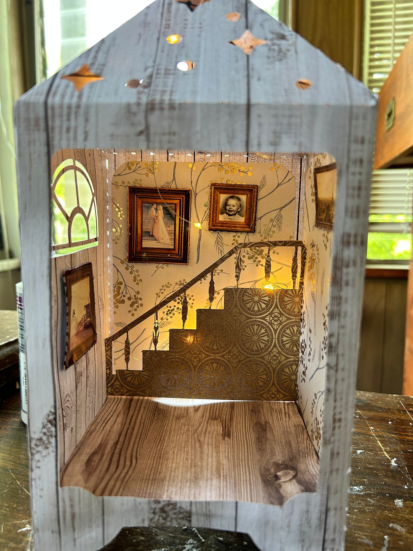 Book Nook DIY Miniature for Cricut, Cardstock Lantern with staircase and fairylight access, SVG Paper Art