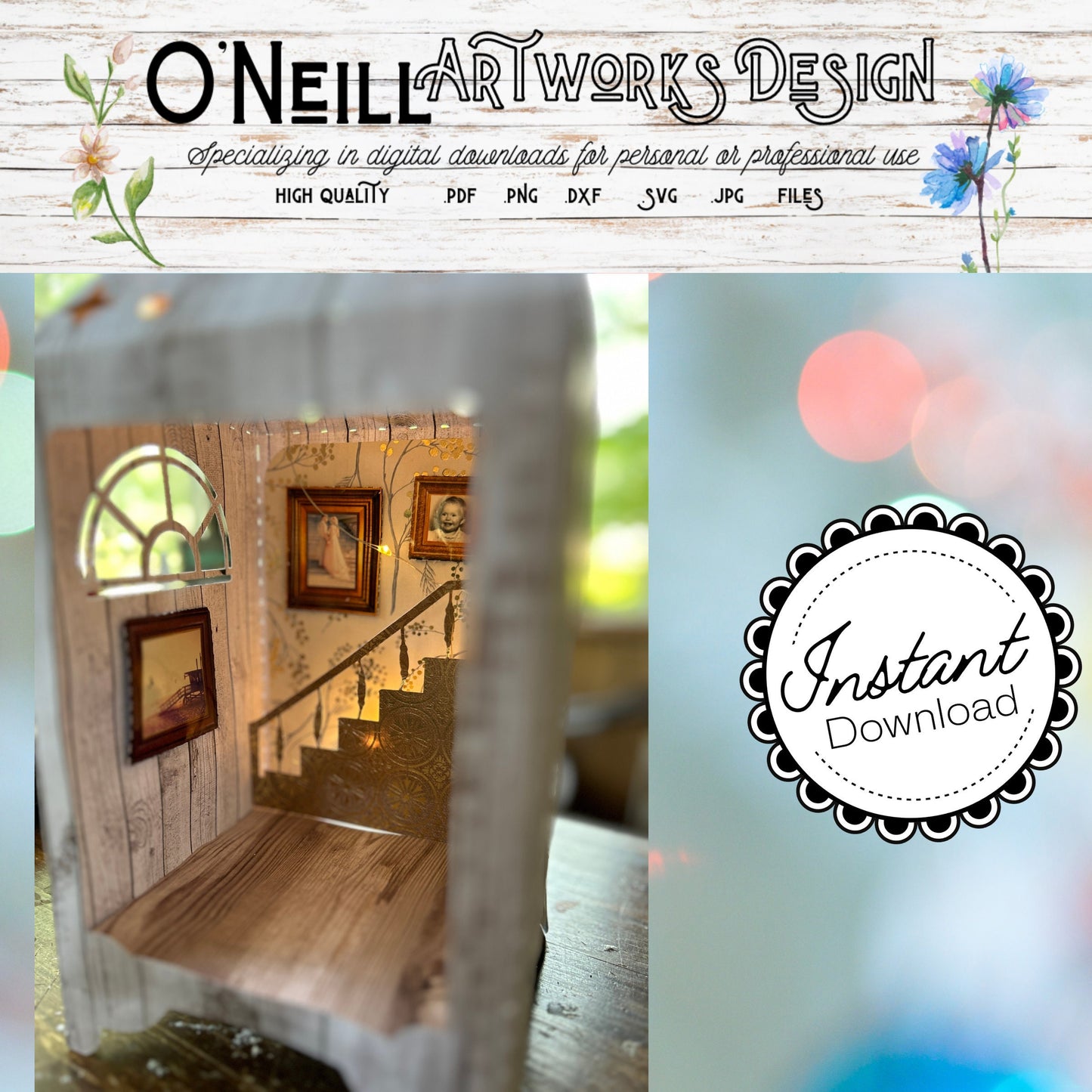 Book Nook DIY Miniature for Cricut, Cardstock Lantern with staircase and fairylight access, SVG Paper Art