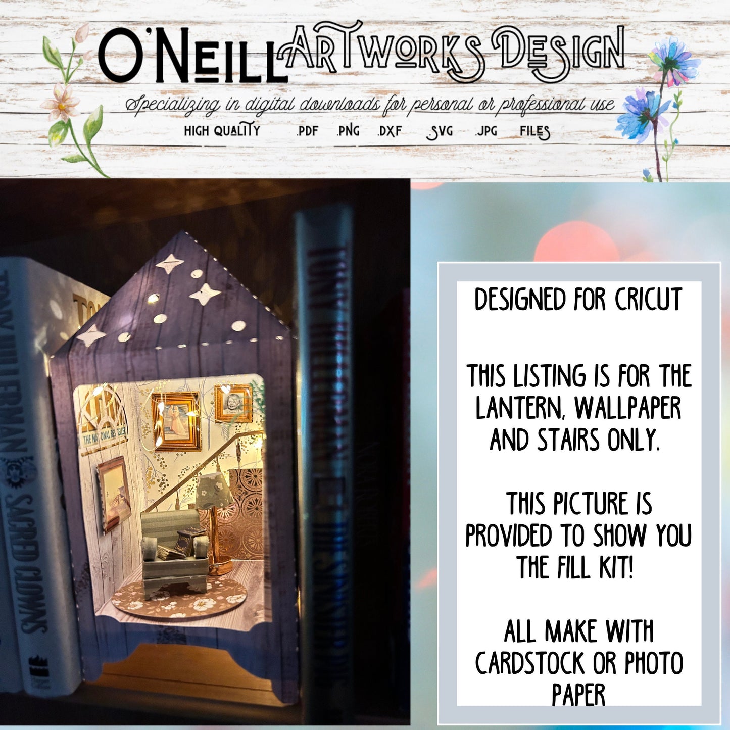 Book Nook DIY Miniature for Cricut, Cardstock Lantern with staircase and fairylight access, SVG Paper Art