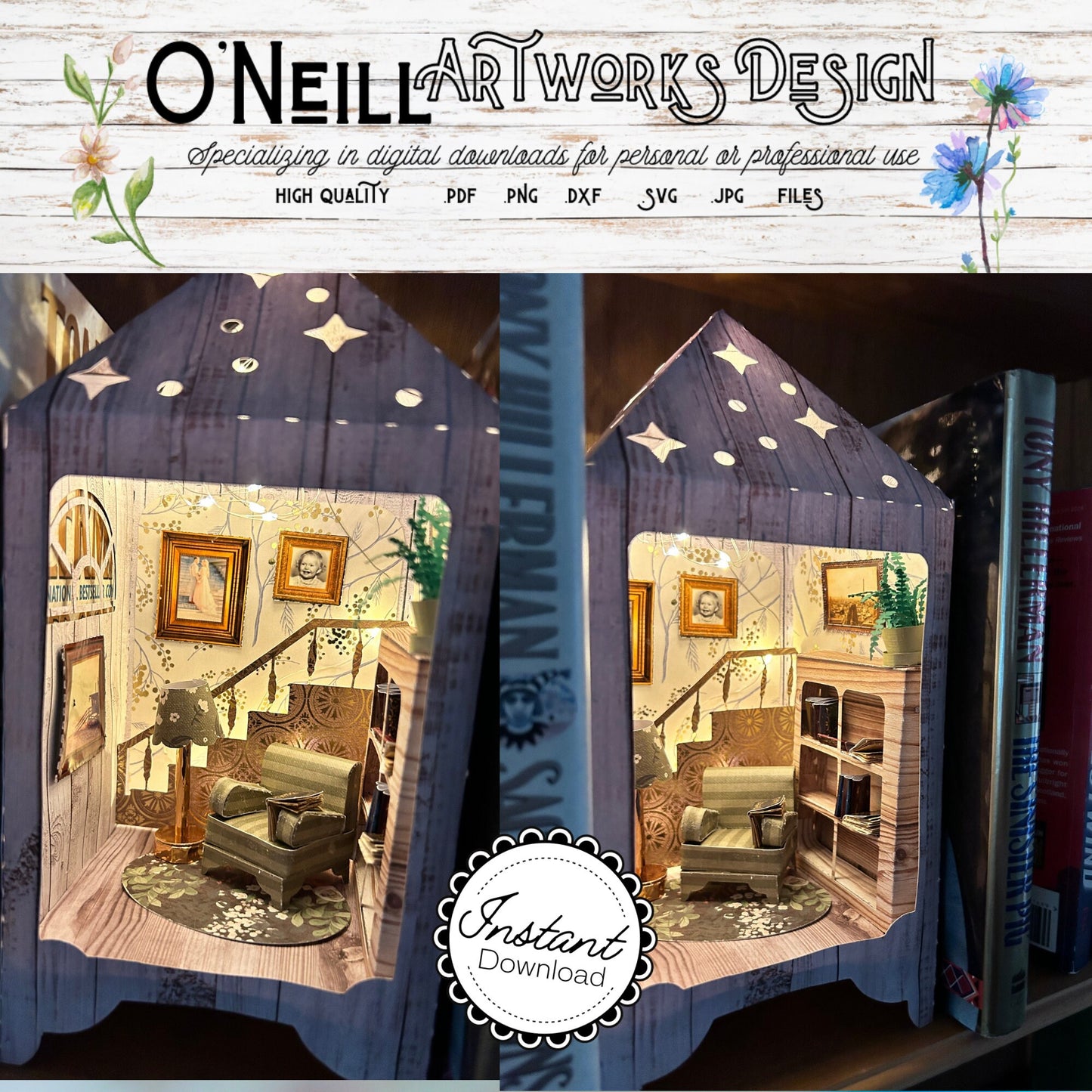 Book Nook SVG Kit: Lantern House, miniature armchair, bookcase, standing lamp, wall art, wall paper, house plant and carpet|Cricut Project